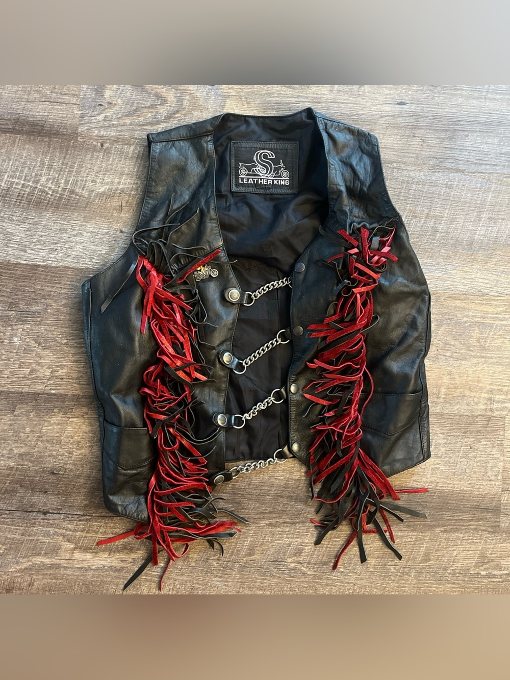 Lady Harley Rose Fringed Leather Vest Biker Girl Black Maroon Womens Small Chain